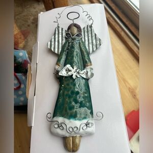 Green Angel Figurine with Silver Accents